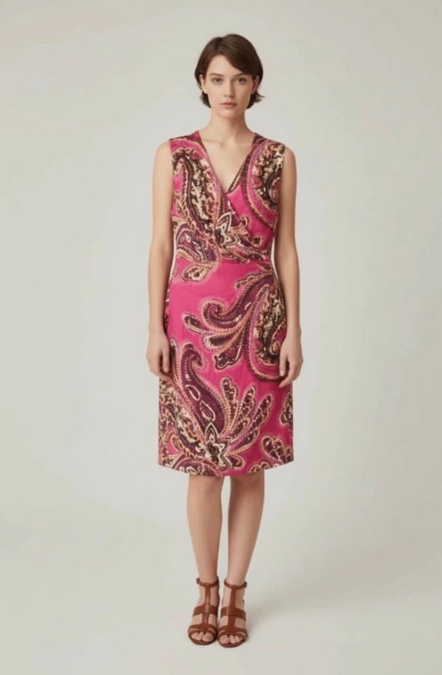 Ralph Lauren Sleeveless Surplice Sheath Dress Vibrant Fuchsia Paisley Print Sz 8
